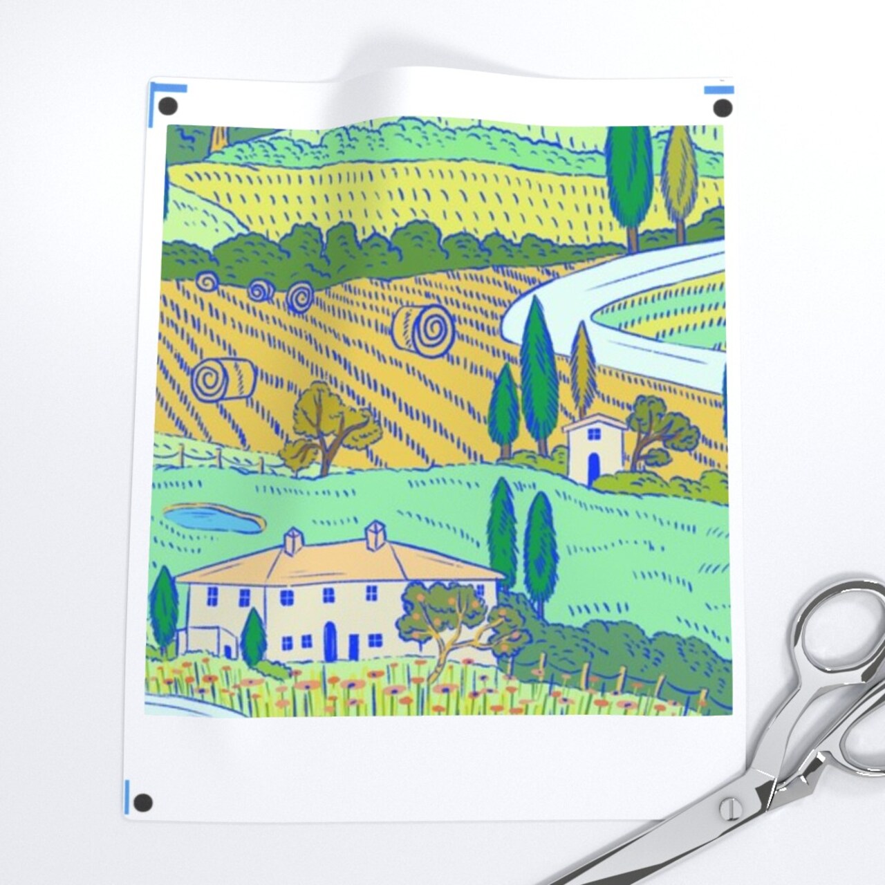 Multicolor Painting Farmland Villa Italian Landscape Large Scale Countryside Tuscan Mediterranean Custom Printed Fabric by Spoonflower Various Fabrics by the Yard or Fat Quarter